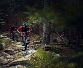 emtb-trailtour-andreasberg-harz zwei e-biker auf einem anspruchsvollem trail bei schierke